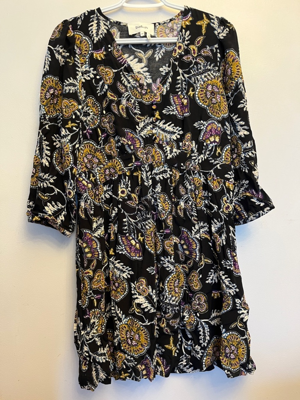 ba&sh Black Floral Paisley Long-Sleeve V-Neck Dress with Gold and Purple Accents